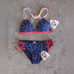 NWT Bingo Surf Nautical Navy & Red Strappy Molded Push UpTriangle Bikini Set